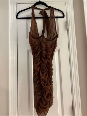Ruched Brown Mesh Sheer Halter Dress